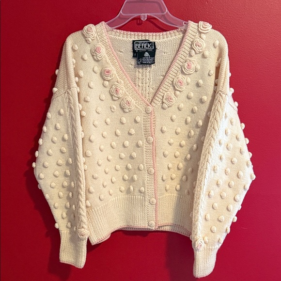berek Sweaters - Berek Handknit 100% Wool Cardigan Sweater Made in Uruguay- Cream w/ Pink Trim